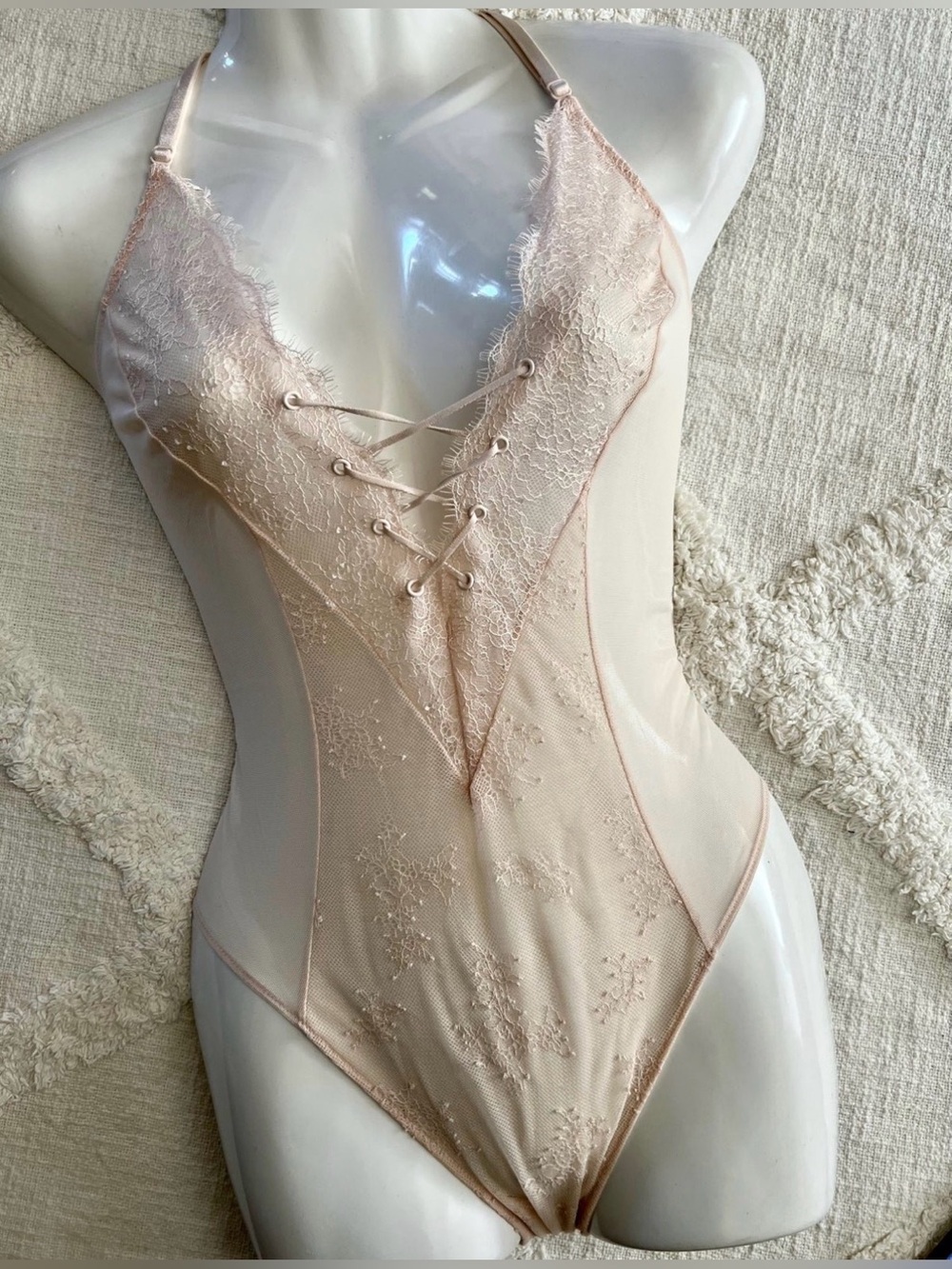 Lace-Front Sheer Bodysuit in Blush Pink